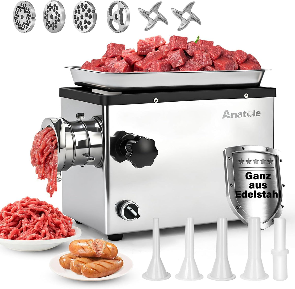 Anatole Fleischwölfe, 1100 W, Silber, Fleischwolf Elektrisch Edelstahl Integral Wurstmaschine
