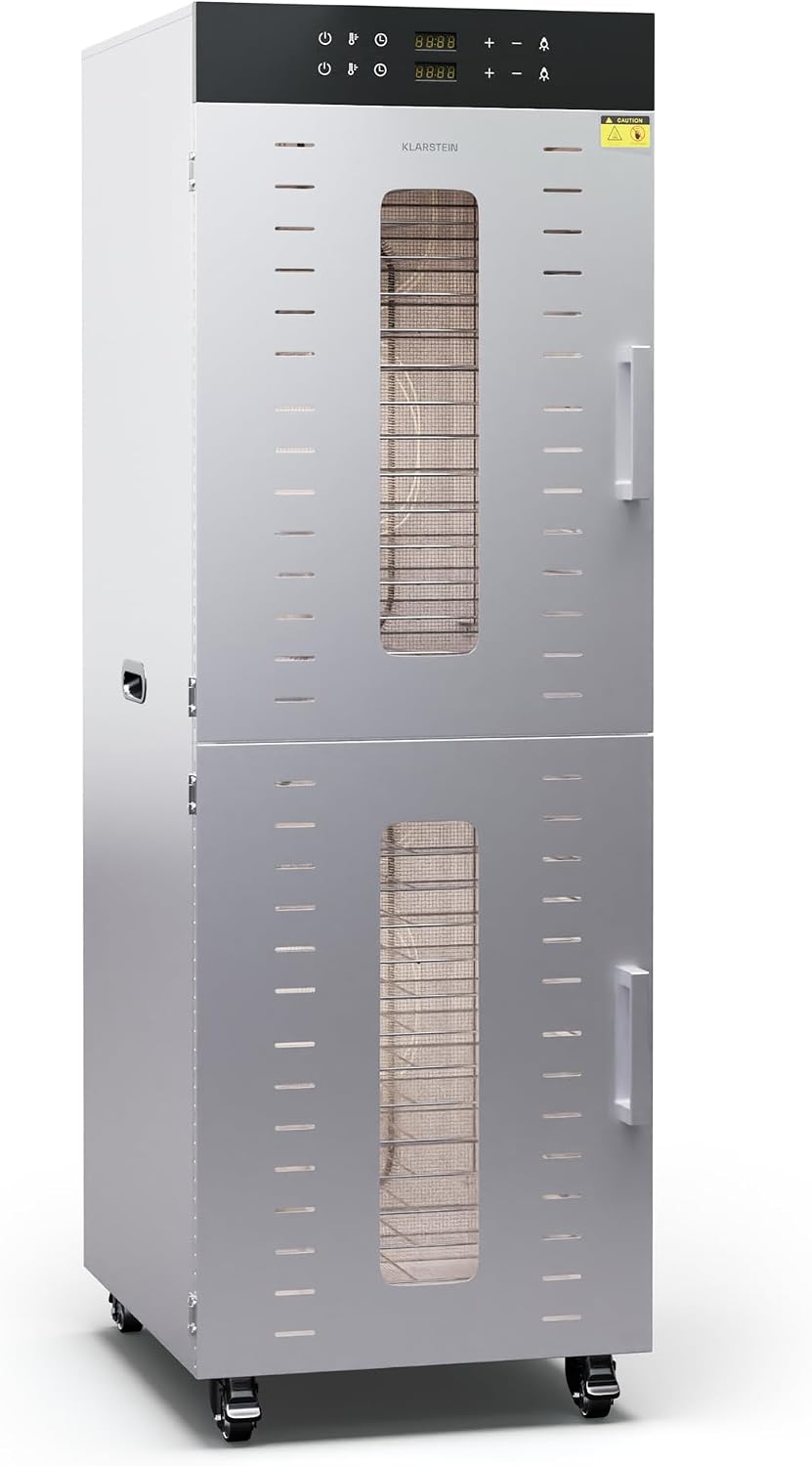 Klarstein Dörrautomaten, 3.000 W, 55 dB, Silber, Dörrautomat Edelstahl, 32 Edelstahl-Einlegeböden, 90 °C, 24-Stunden-Timer