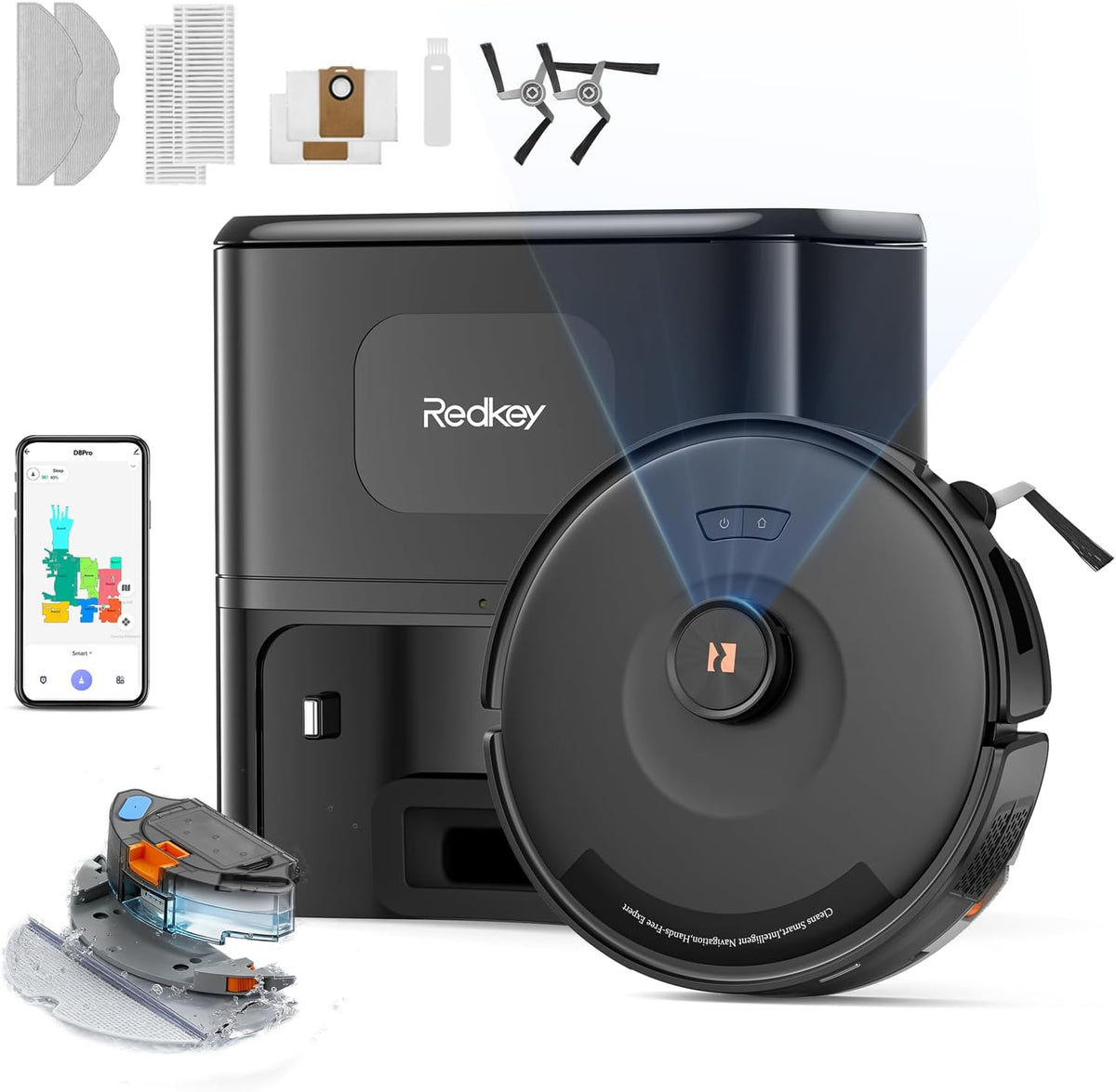 Redkey Saugroboter, 4 L, Schwarz, D8 Pro mit Wischfunktion, 38000Pa mit Absaugstation, Anti-Haar-Verwicklung, LiDAR Navigation