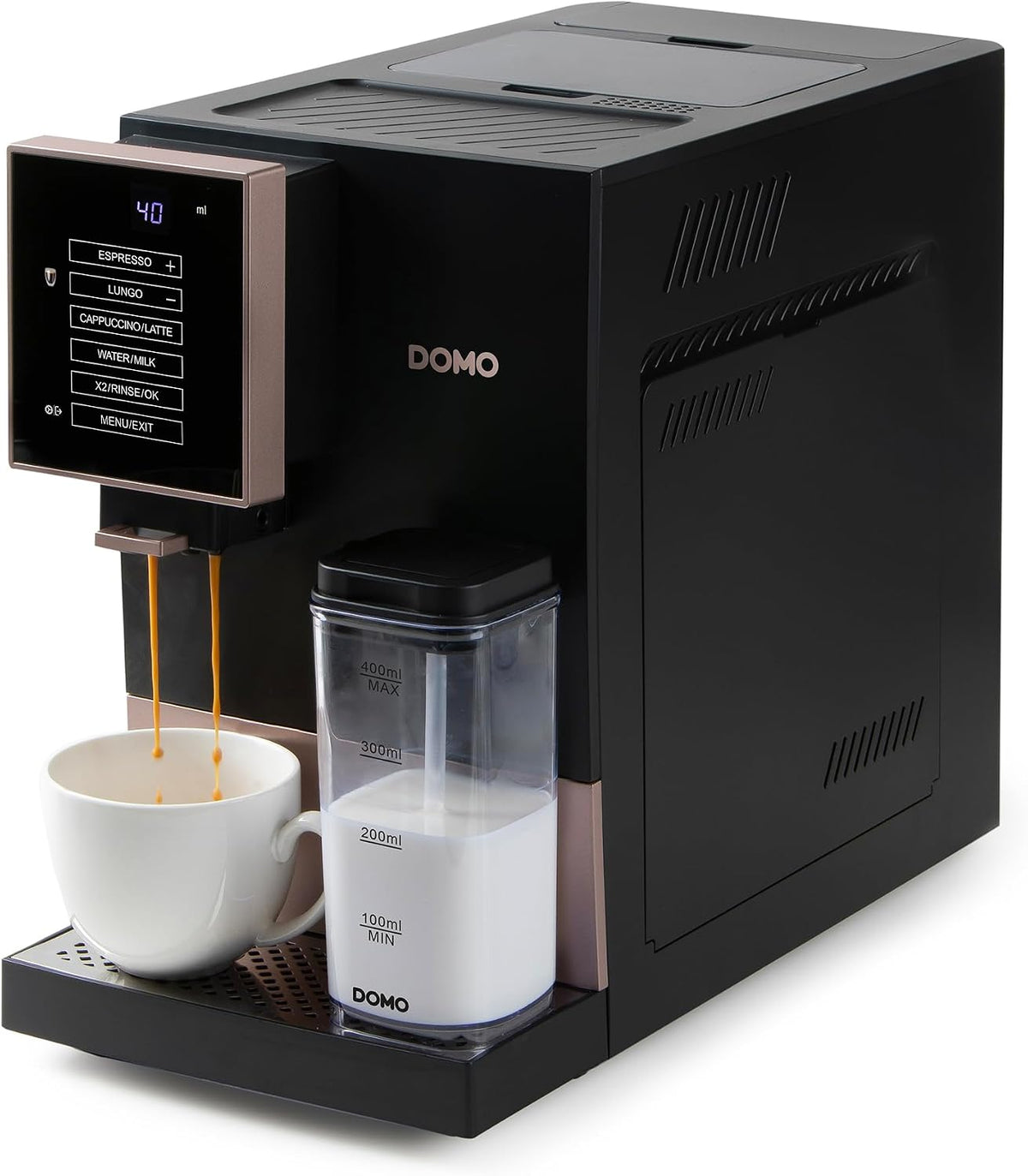 DOMO Kaffeevollautomat, 19 Bar, 1,1 L, Schwarz, DO743K mit Milchaufschäumdüse - italienische Druckpumpe