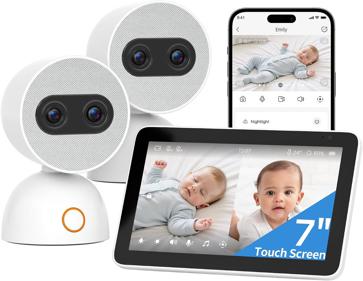 Meeye Monitor, 7 Zoll, Schwarz, Babyphone mit Kamera und HD Display, WLAN Baby mit Intuitiver App, Leiser Hybrid-Zoom (Zwei Objektive)