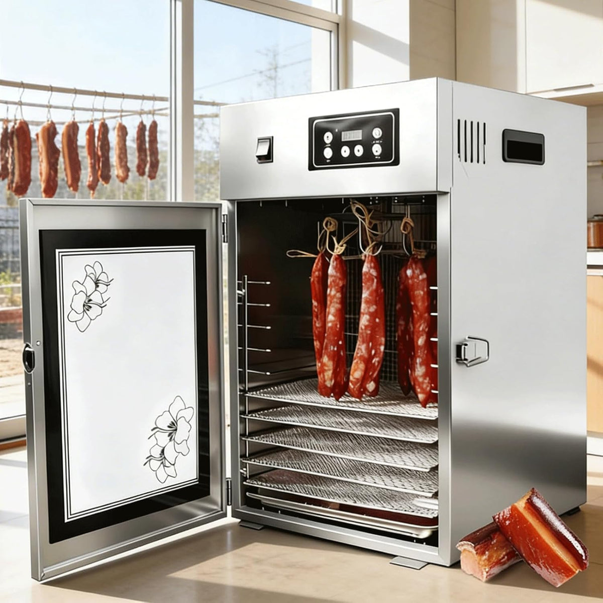 LBJDJYB Dörrautomaten, 14 Haken (bis zu 7,5 kg pro Durchgang), 800 W, Lebensmittelechter Edelstahl, Schwarz