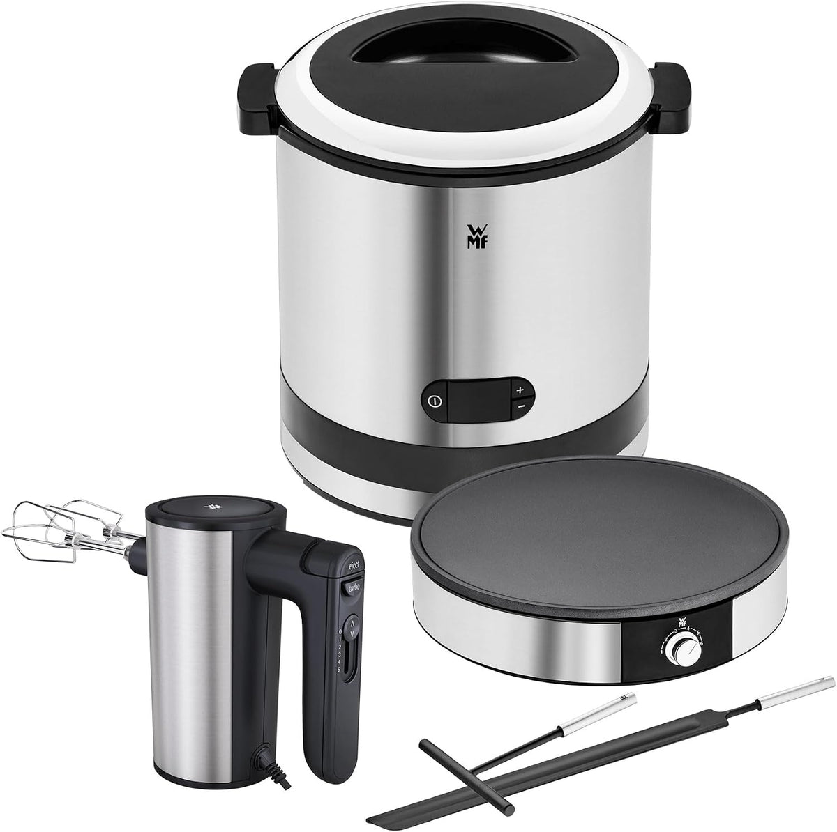 WMF Eismaschine, Schwarz, Set 3-teilig Küchenminis 3in1, Ice Maker für Frozen Joghurt, Sorbet und Eiscreme und Lono Crepes Maker