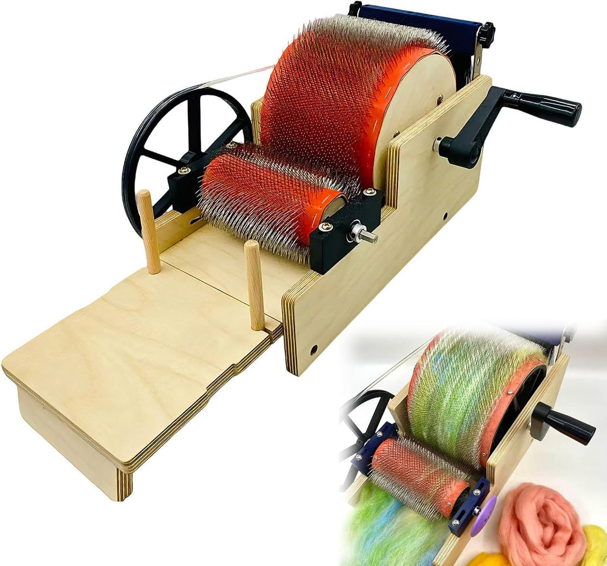 ALSUP Spinnen, 12 cm, Braun, Kardiermaschine für Wolle, Manuelle Wollkardiermaschine, Holztrommel Trommelkarder