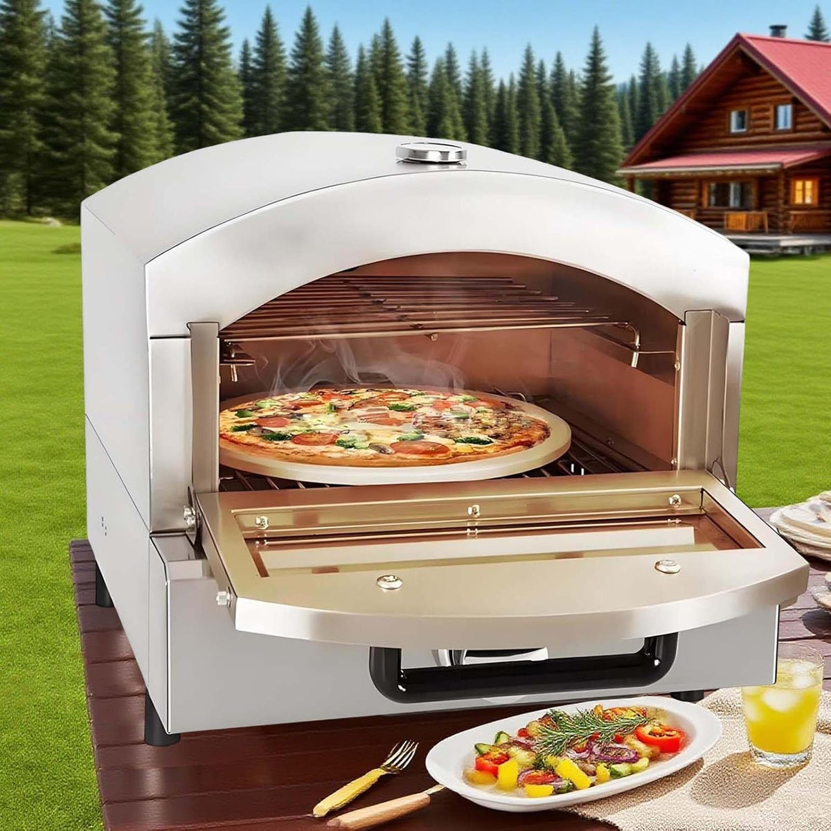 QFGain Pizzaofen, Edelstahl, Silber, Gas- FüR Den Gewerblichen Gebrauch, Integriertes AußEnthermometer, Einstellbare Flammenregelung