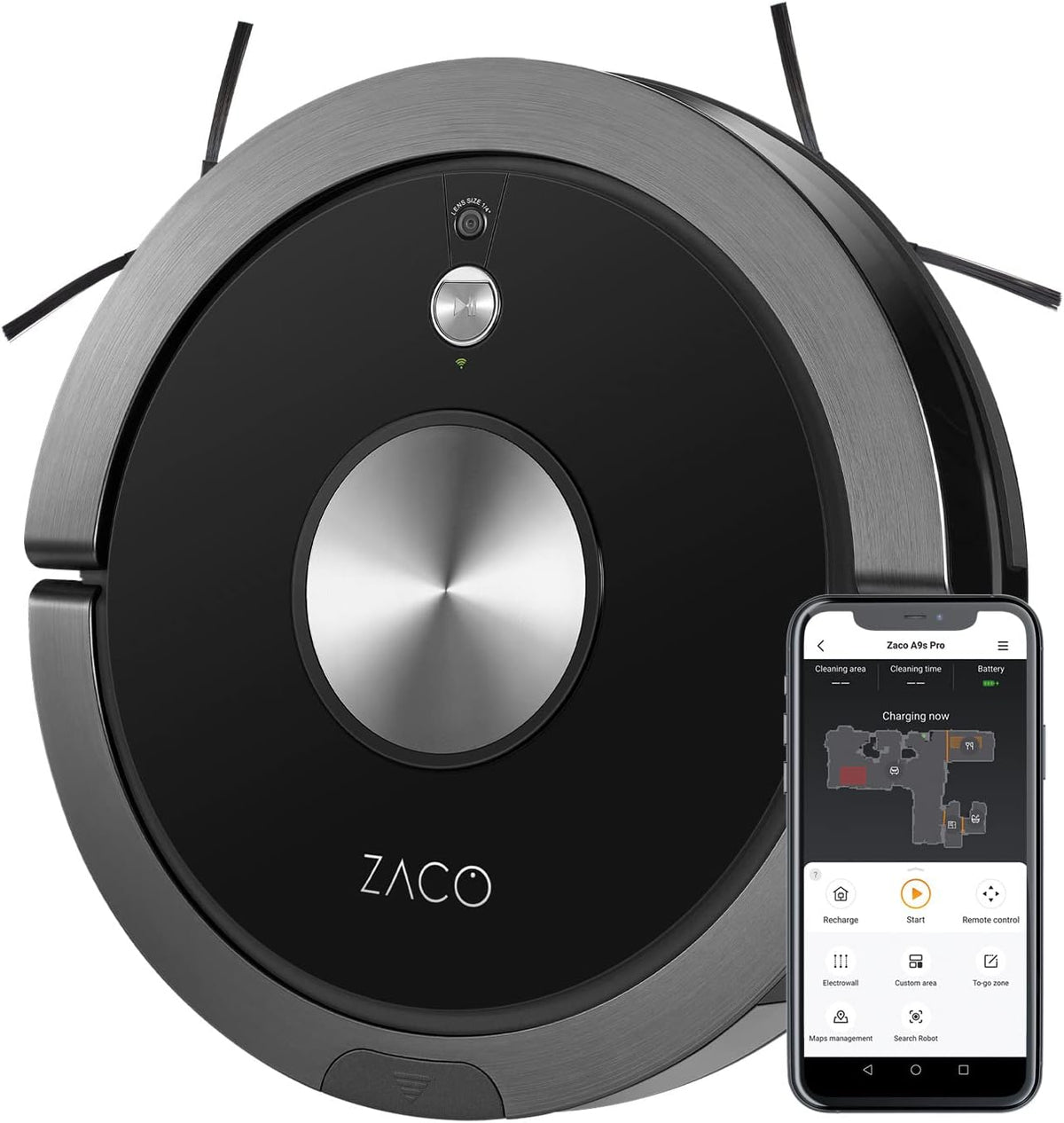 ZACO Saugroboter, 7,6 cm, Schwarz, A9sPro mit Wischfunktion, App & Alexa, flach, Staubsauger Roboter mit Raumkarte & Mapping