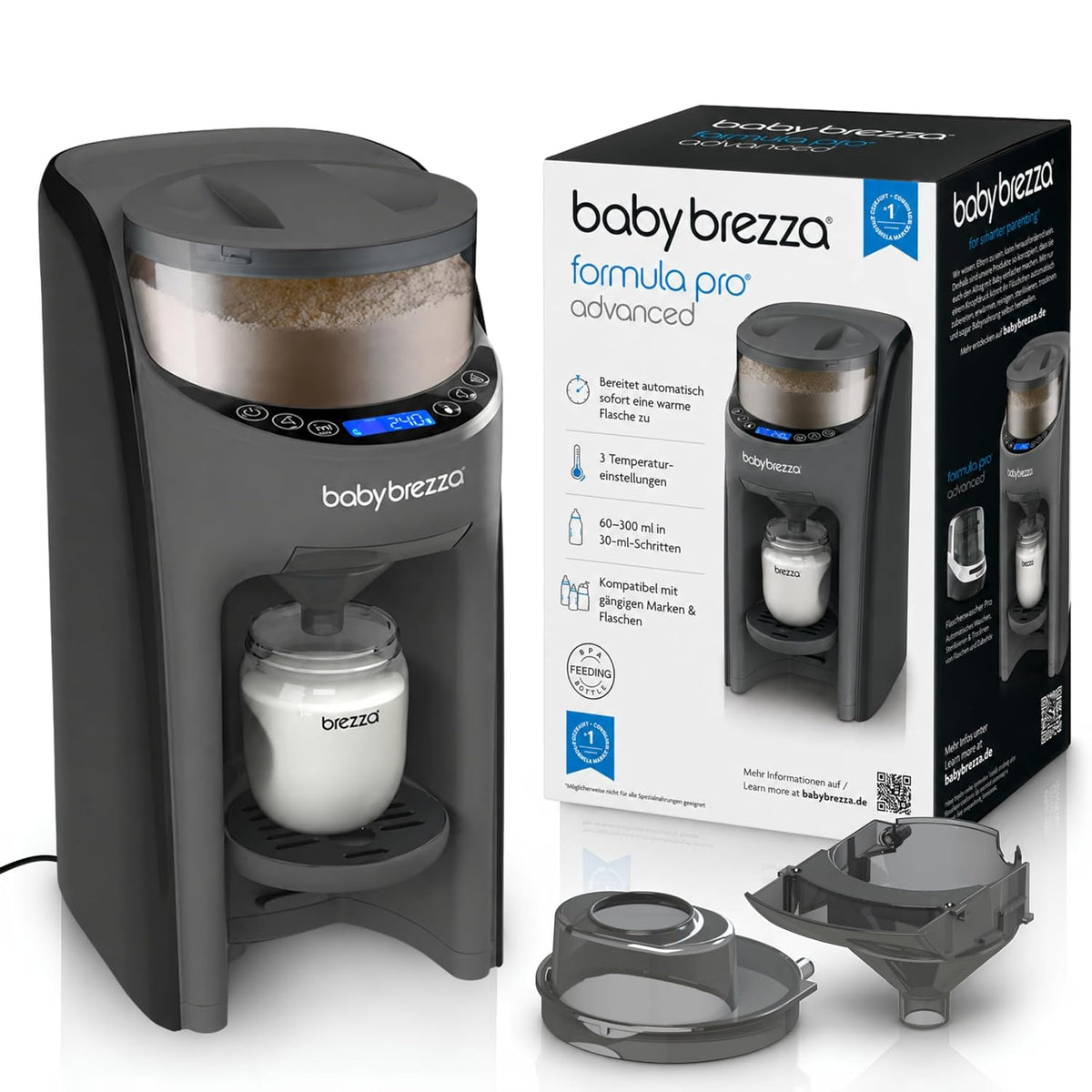 Baby Brezza Flaschenwärmer & -abkühler, Grau, Formula Pro Advanced automatischer Flaschenzubereiter, Mit 2 Milchpulvertrichtern (1 im Gerät