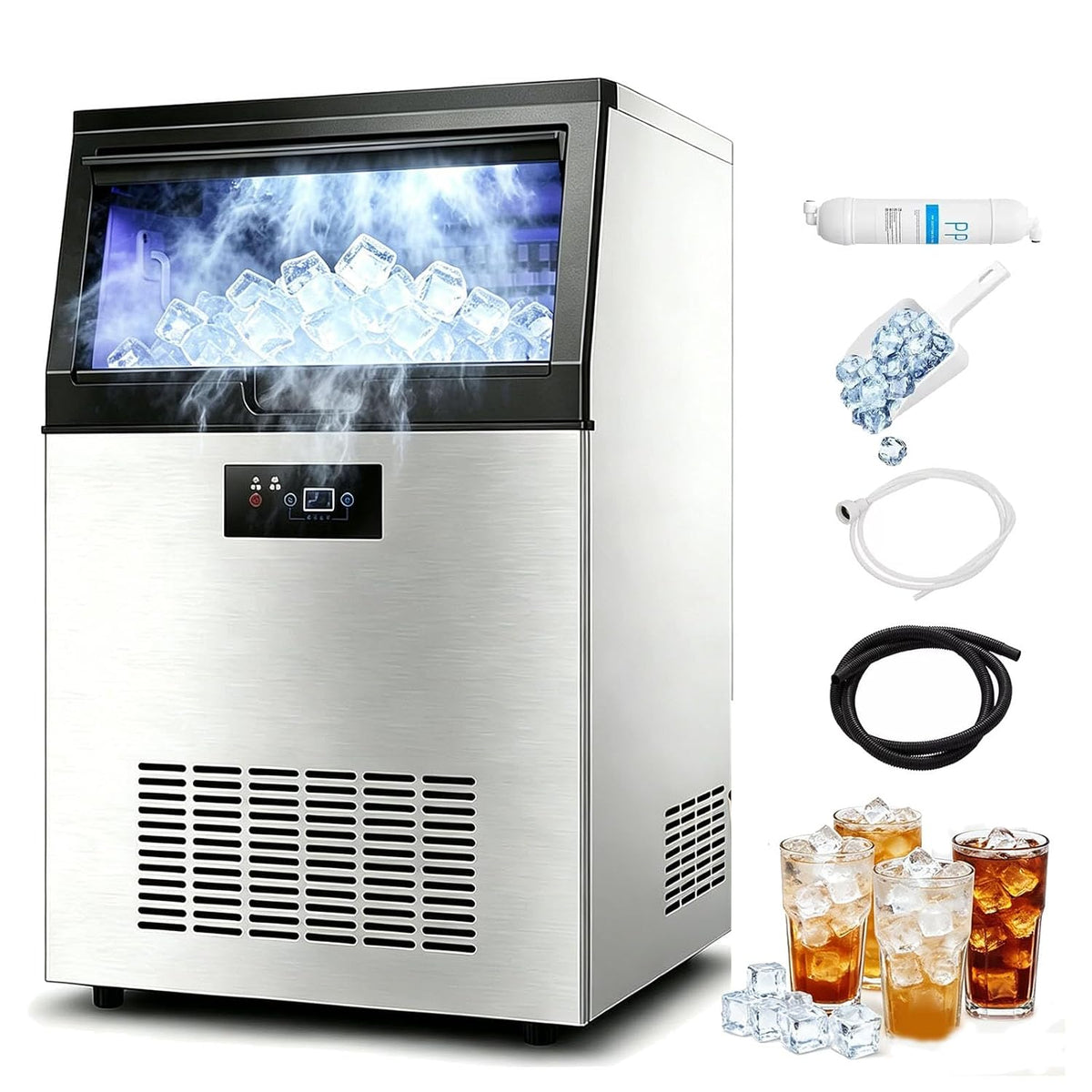 Furvveerr Eismaschine, 60 kg, Schwarz, Kommerzielle Eiswürfelmaschine /24 Std, Kommerzielle Eiswürfelmaschine freistehend