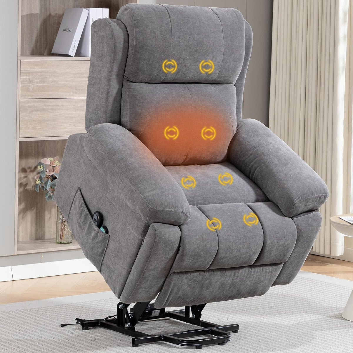 AISALL Relaxsessel, Grau, Fernsehsessel mit Aufstehhilfe, Elektrisch Massagesessel mit Wärmefunktion, 2 Seitentaschen und Unsichtbarer Getränkehalter