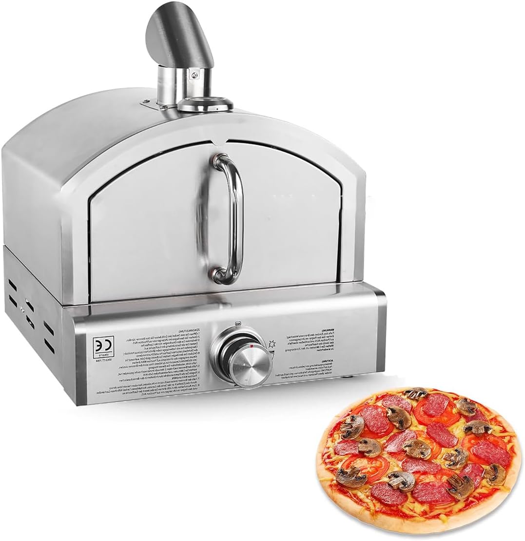 jjxxjujwjg Pizzaofen, 43 x 47 x 37 cm, 3,8 kW, Silber, Gas-, 12-Zoll-BBQ-, Tisch- aus Edelstahl, Pizzastein, Outdoor-Grills