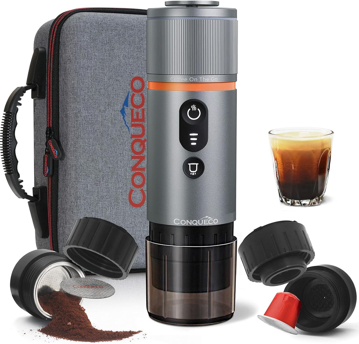 CONQUECO Kaffeemaschine, 12 V, Grau, Tragbare Espressomaschine Elektrische : Auto kleine, Batteriebetrieben