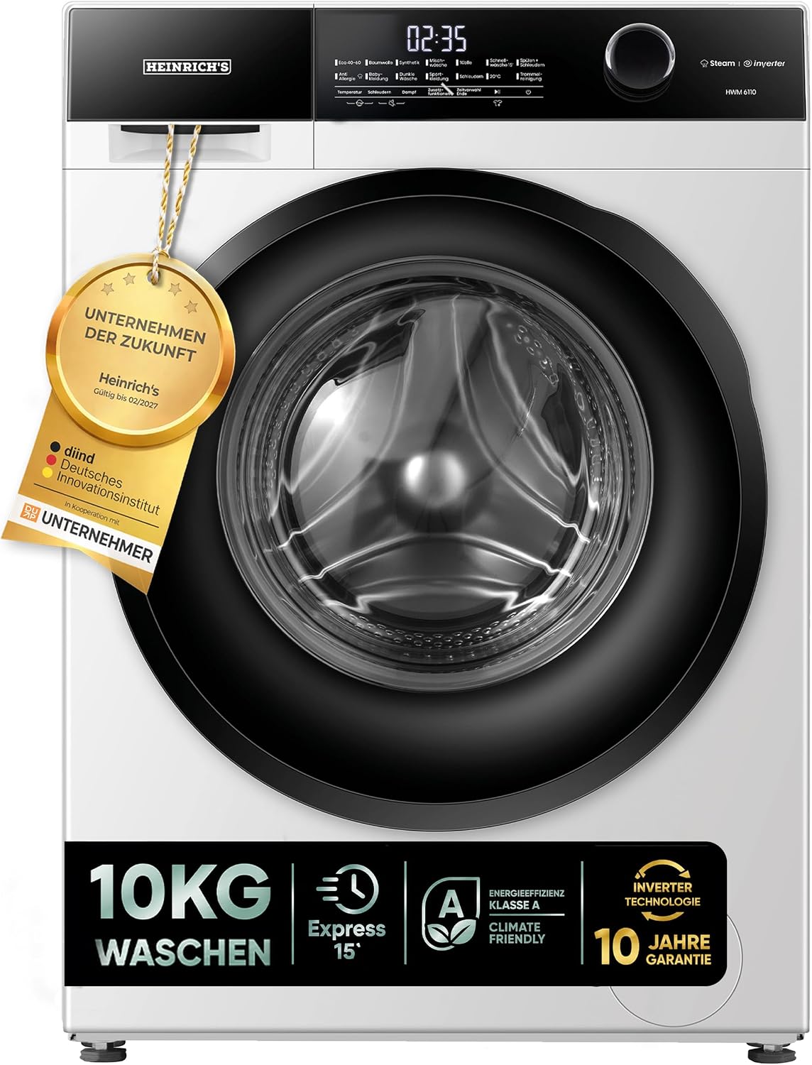 Heinrich´s Waschmaschine, 10 kg, Weiß, Steam-Funktion, Mega Kapazität, 15 Programme, 1400 U/min., Aqua-Stop, LED-Display