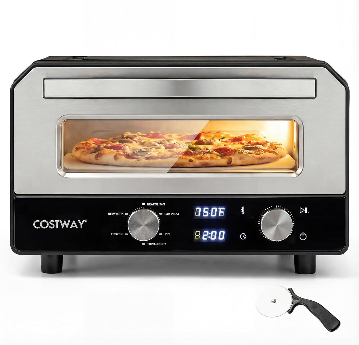 FANTASK Pizzaofen, 11,5 L, Kaltgewalzter Stahl, Aluminium-beschichtetes Blech, Gehärtetes Glas, Schwarz
