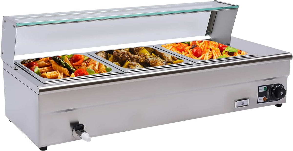 AHSSBSA Buffetschrank, 1200 W, 0.6 mm, 22 kg, 6 L, 201 Edelstahl + gehärtetes Glas, Transparent