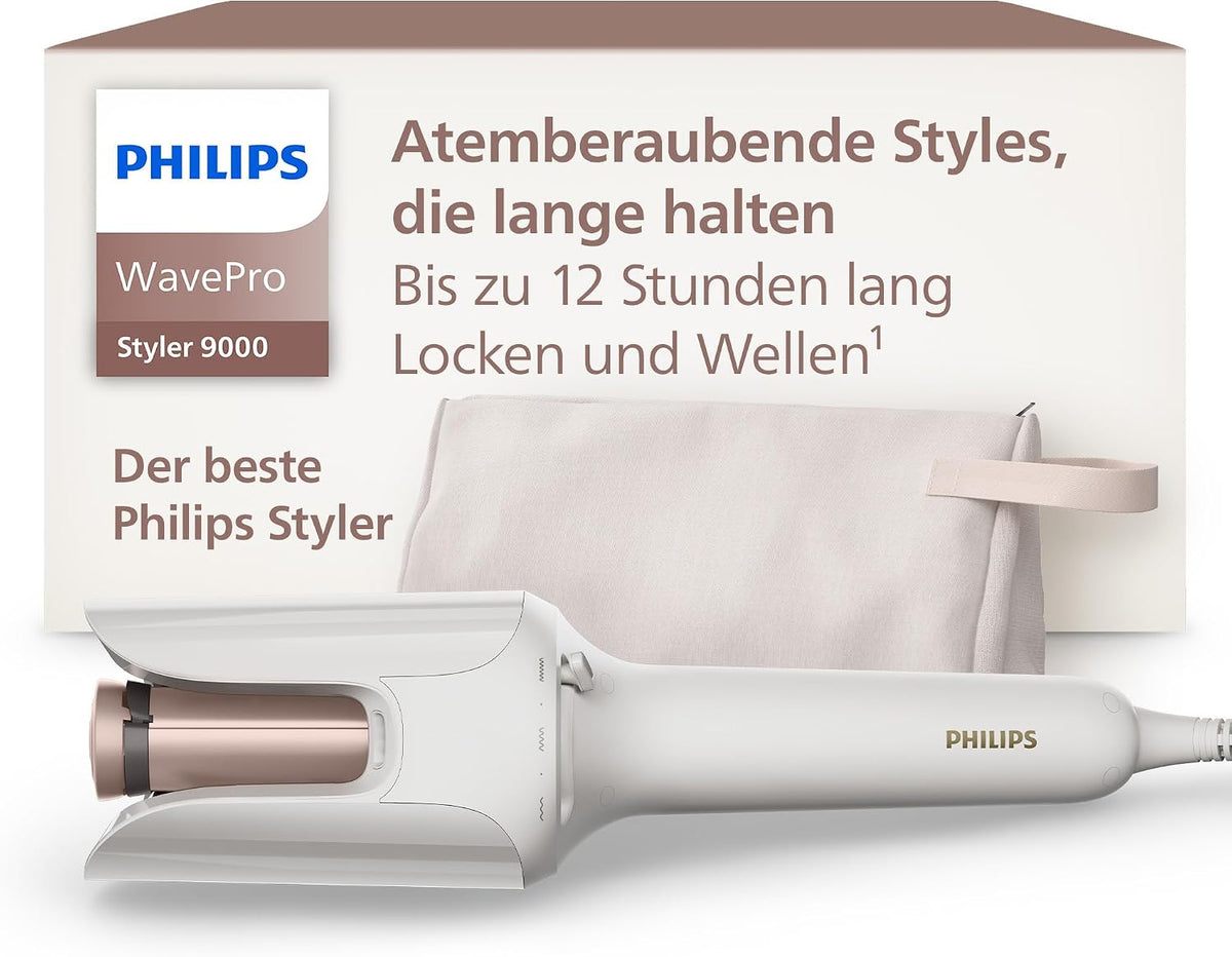 PHILIPS Haartrockner, Schwarz, WavePro Styler 9000, mit SenseIQ Technologie und verstellbarem Stab für Locken, Seidenweiß
