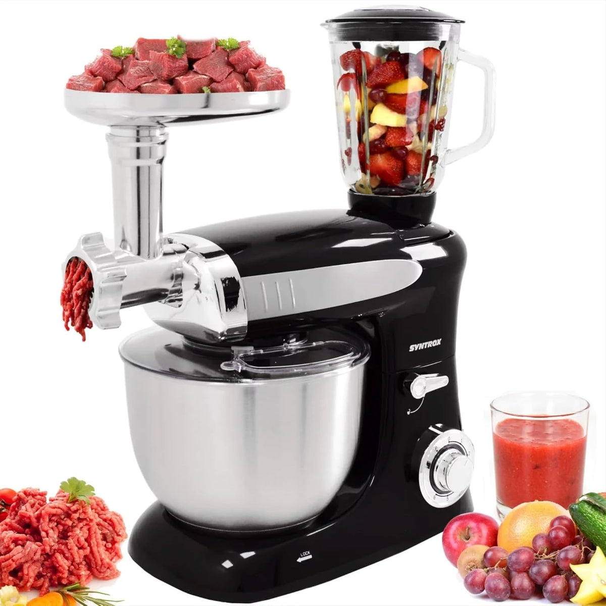 Syntrox Germany Universalküchenmaschinen, Schwarz, Küchenmaschine Deluxe Fleischwolf & Mixer, Rührmaschine mit Zubehör