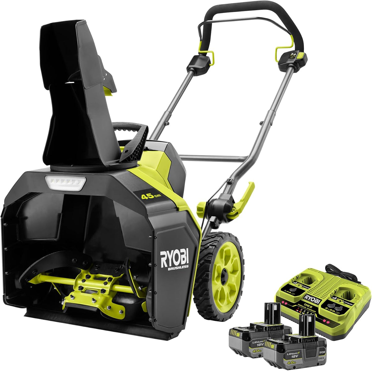 RYOBI Schneefräse, 4,0 Ah, 45 cm, 18 V, Schwarz, ONE+ Akku- RY18STX45A-240, Räumbreite, inkl. 2 x Akku und 2, 0 A Ladegerät