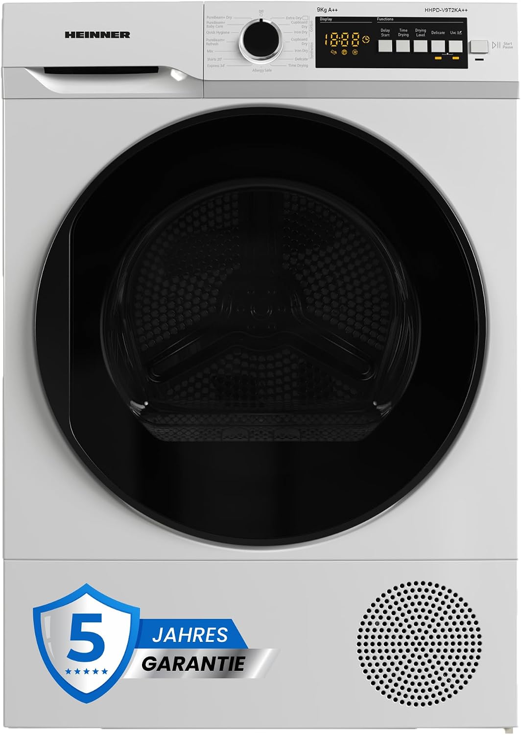 HEINNER Wärmepumpentrockner, 9 kg, Weiß, HHPD-V9T2KA++, Nutzlast, 15 Programme, Energieklasse E, LED-Anzeige, Wendetür