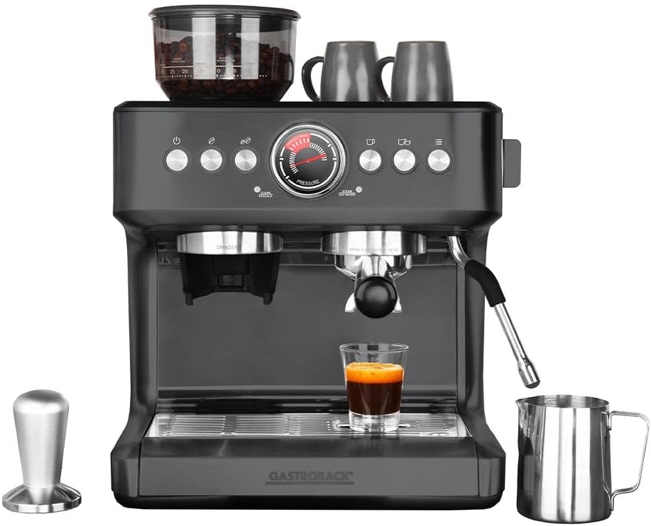 GASTROBACK Kaffeemaschine, Schwarz/Silber, Espresso Siebträgermaschine mit Mahlwerk - 42627 Advanceded