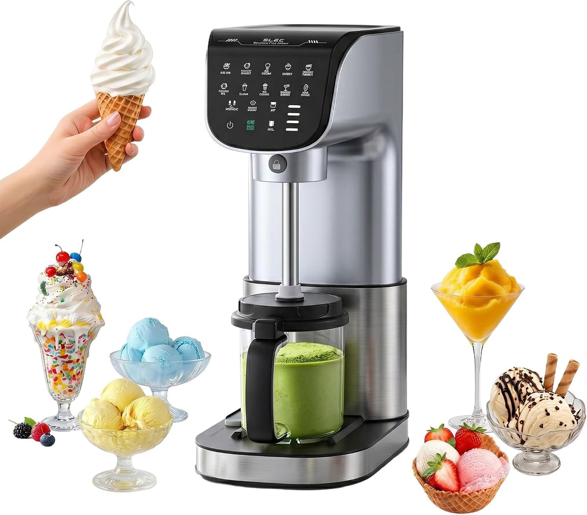 KOMTWNM Eismaschine, Silber, 11-in-1 für Zuhause, vollautomatische Eiscreme Maschine mit 3 x 19 oz Bechern, für Gelato