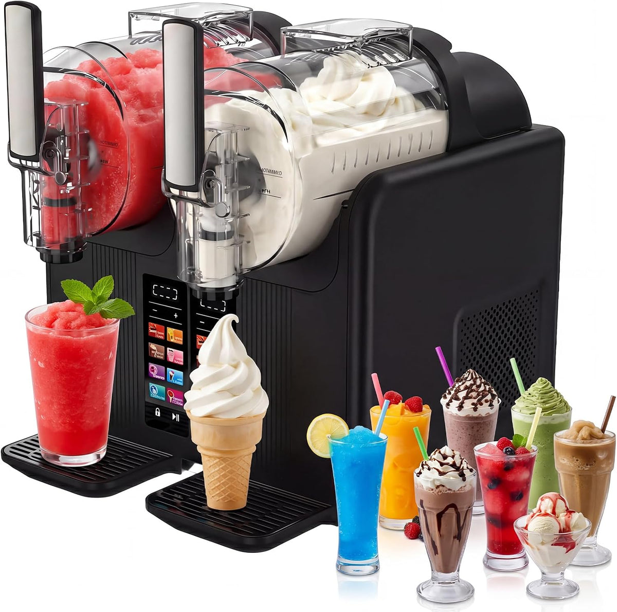 serebrant Eismaschine, 2 L, Grau, Slush Maschine 2 x Slushie Maschine mit 7 smarten Programmen, Soft für Zuhause mit LED-Display und 2 Tanks