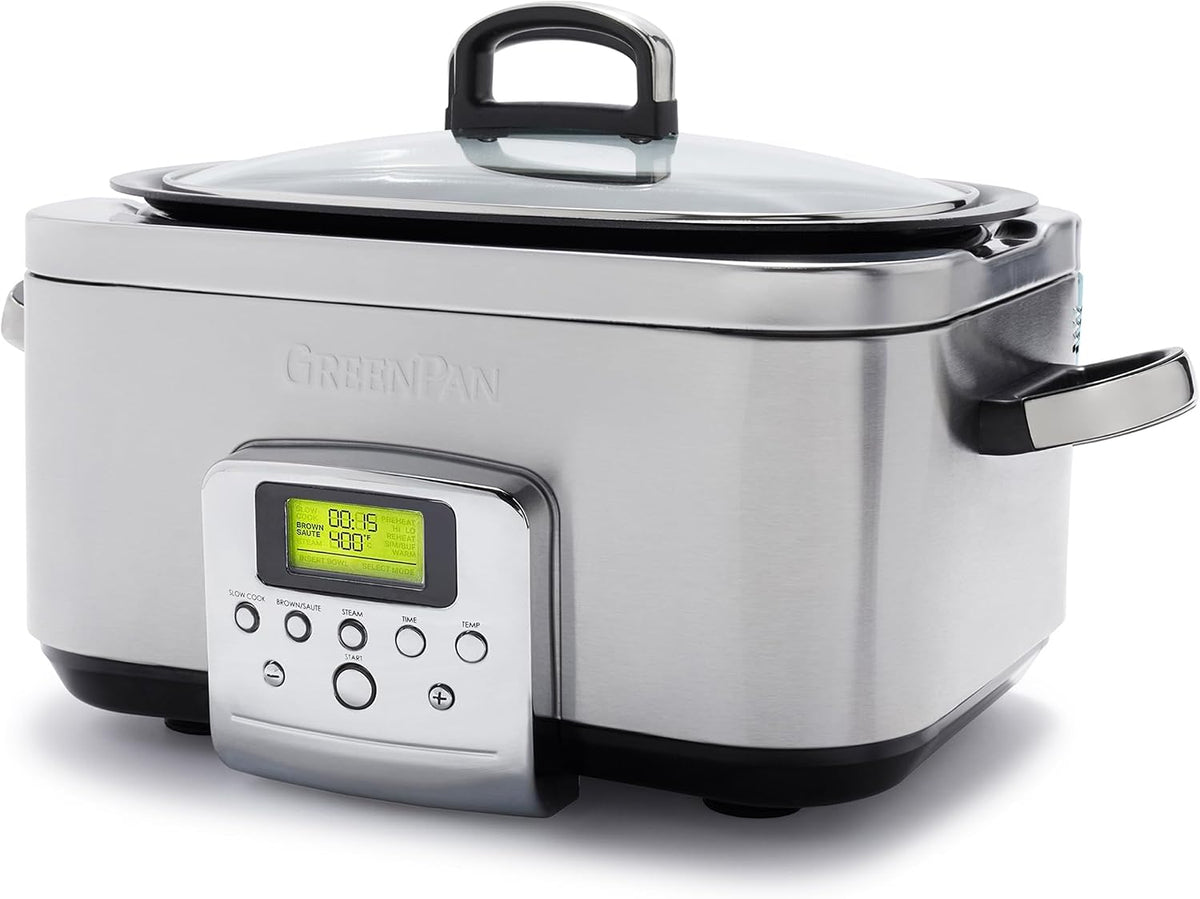 GreenPan Schongarer, 6 L, Silber, Elite 8-in-1 Programmierbarer Slow Cooker Multikocher, Spülmaschinenfester Deckel & Topf