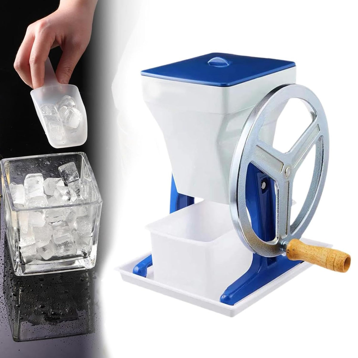 Manueller Eiswürfelmaschine, Silber, Eiscrusher, Edelstahlklinge für feine Schneekegel, Crushed Ice und Eischips