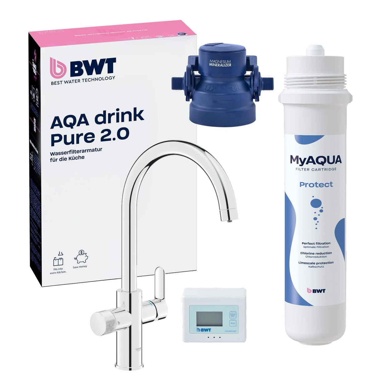 BWT Dampfglätter, Grau, AQA drink Pure 2.0 Wasserfilter Wasserhahn Untertisch System, inkl. Filterkartusche Protect