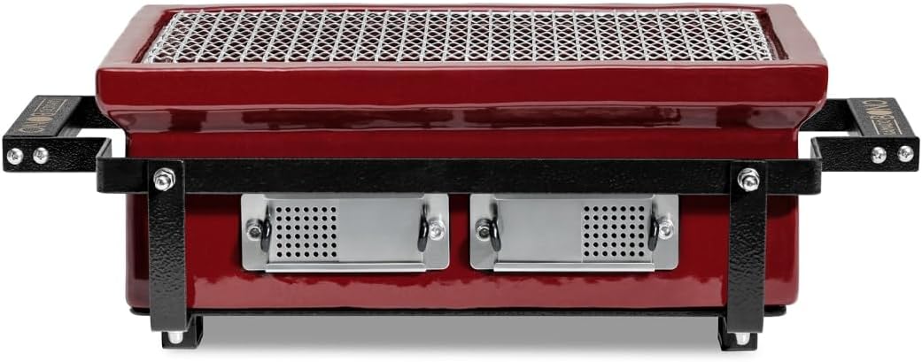 Kamado BONO Holzkohlegrill, 40x22 cm, Rot, HIBACHI EVO Tischgrill Keramik Royal Red, Rechteckiger Mini Grill, Japanischer