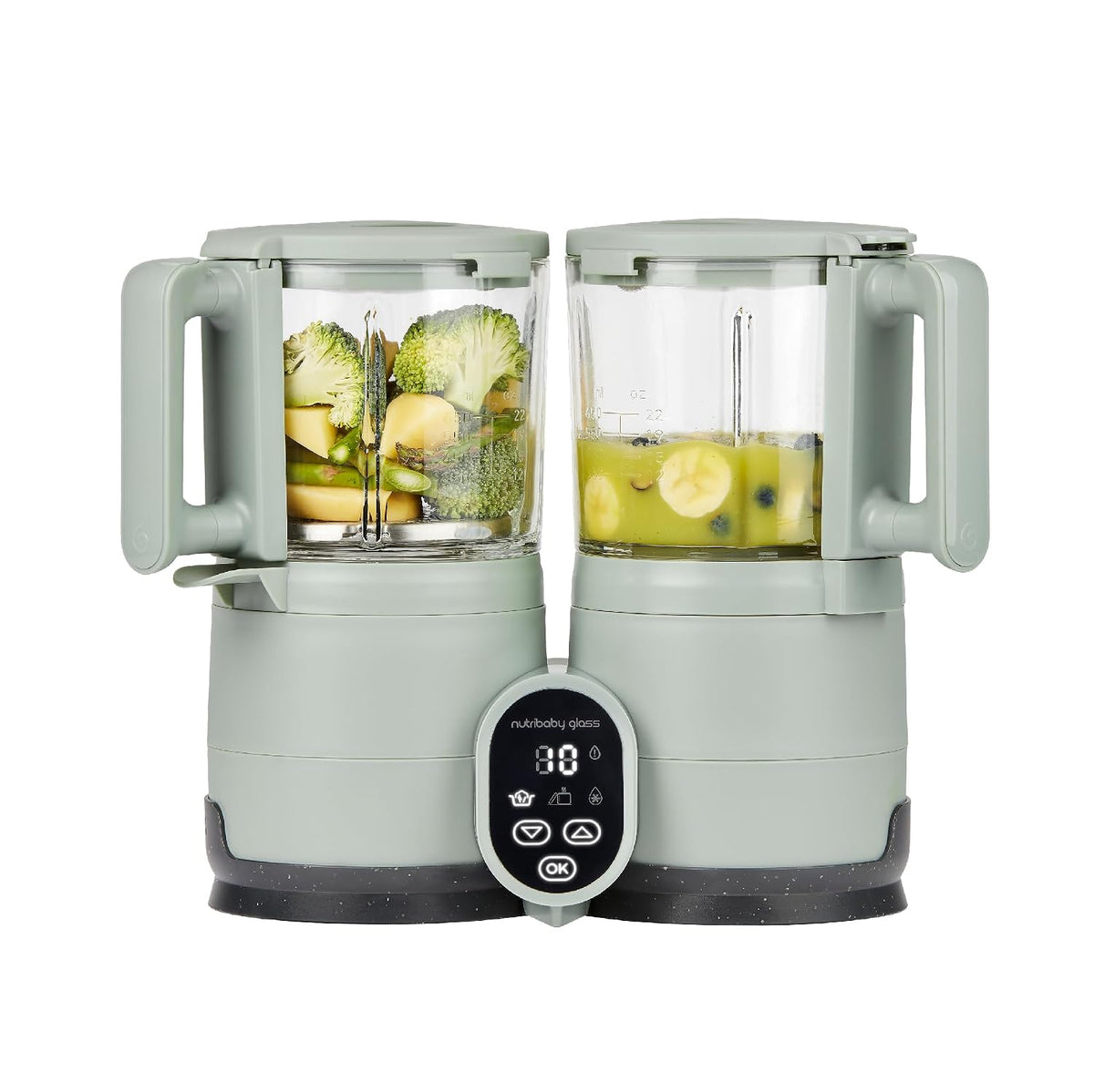 Babymoov Mixer, Grün/Silber, Nutribaby Glass Green Celadon - Babynahrungszubereiter aus, 4-in-1: Dampfgaren, Mixen