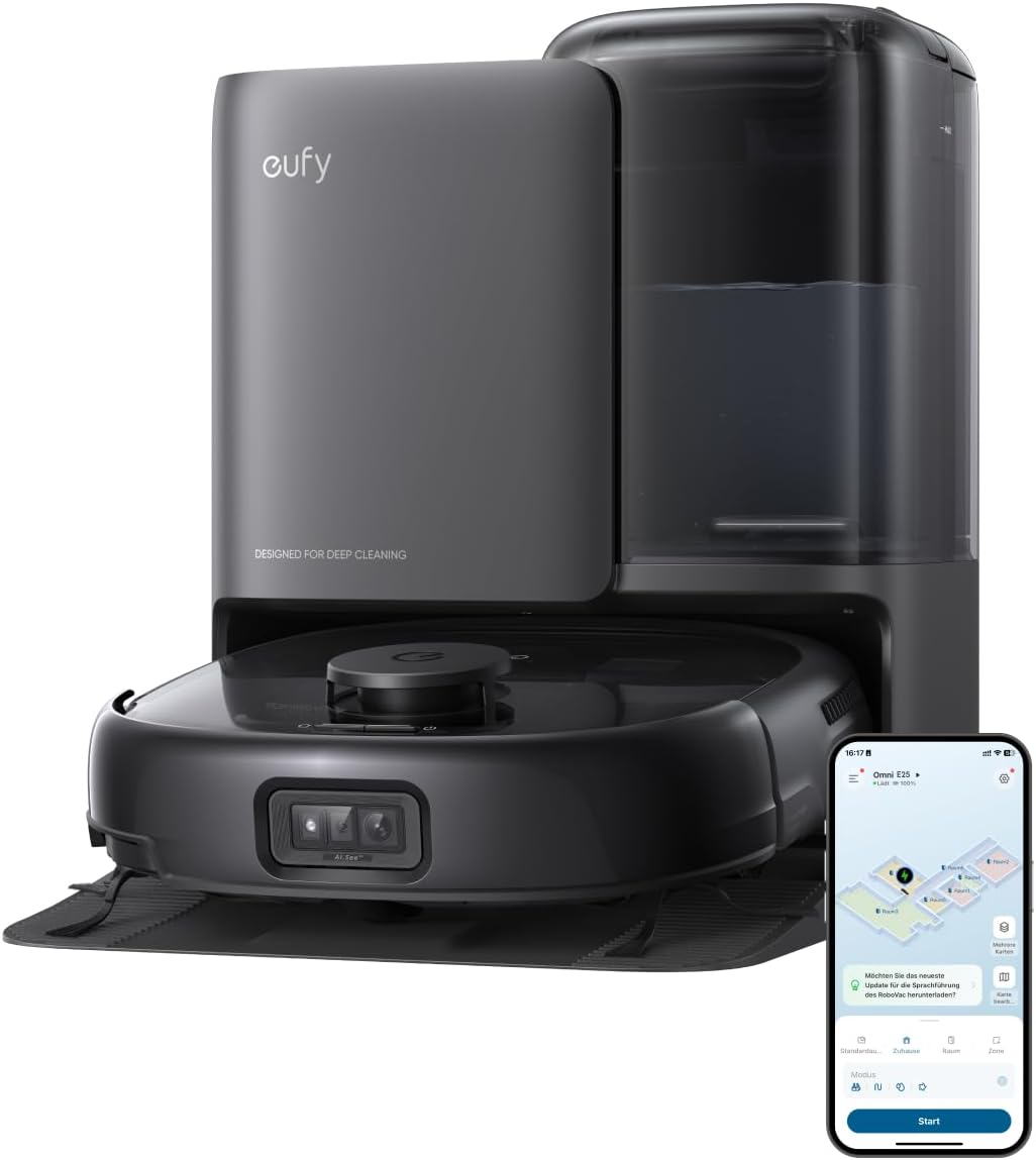 Amazon Renewed Saugroboter, Schwarz, eufy Saug- und Wischroboter E25 Omni, HydroJet System mit selbstreinigender Wischrolle