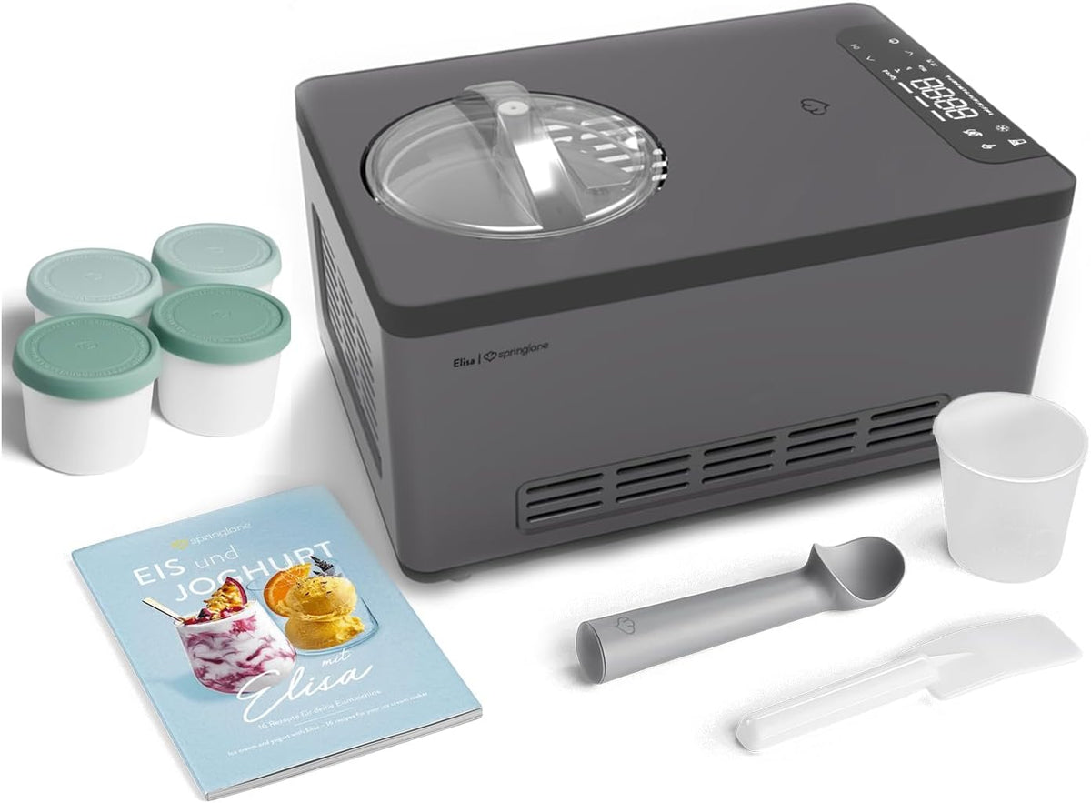 Springlane Kitchen Eismaschine, 2,0 L, 220 W, Silber/Anthrazit, & Joghurtbereiter Elisa mit selbstkühlendem Kompressor
