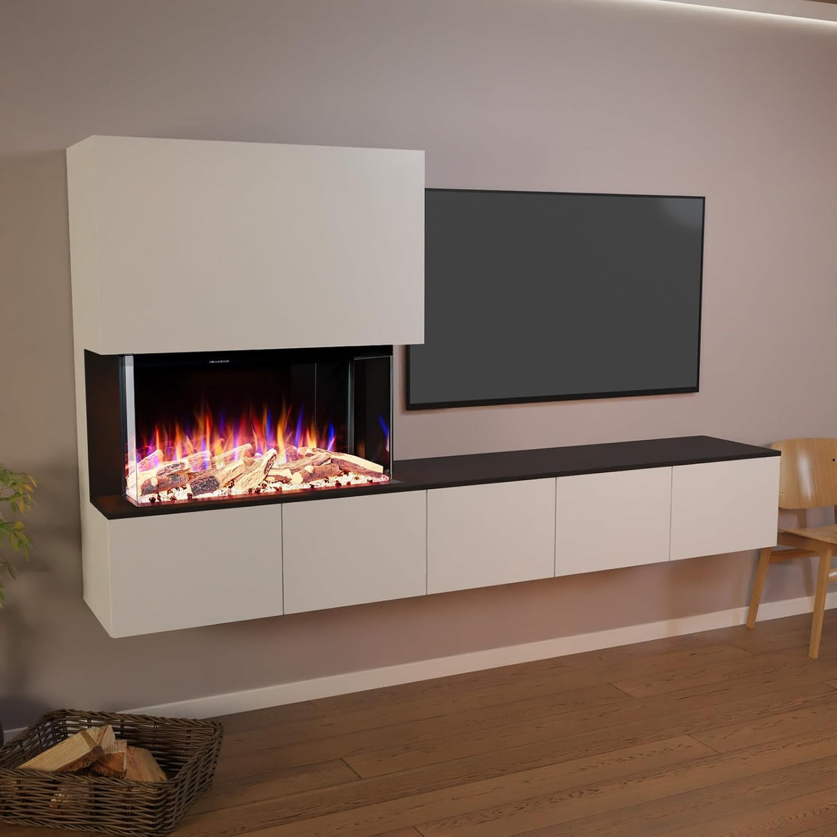 GLOW FIRE Elektrokamin, 250x139.5x42.4 cm, 1500 W, Weiß/Schwarz, Kamin Fernsehwand CW5 rechtsoffen mit realistischem 3D