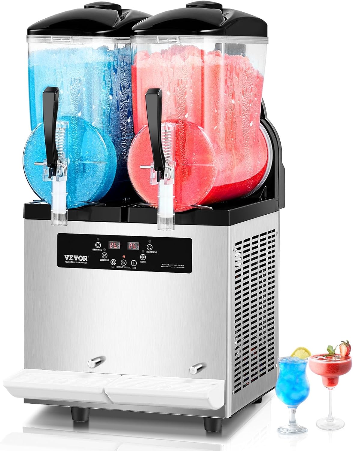 VEVOR Kompressor, 12 L, Silber, kommerzielle Slusheis Maschine x 2 Doppeltank-Maschine für, 96 Tassen Edelstahl Slush-Eis-Maschine mit Tastenfeld