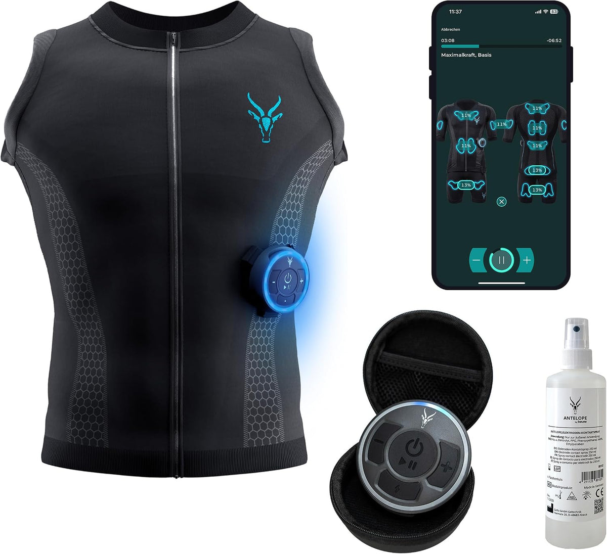 Antelope Elektrostimulatoren, Schwarz, Evolution EMS Tank Top Herren Größe S-XXL, EMS Trainingsgerät, Bauchtrainer und Rückentrainer