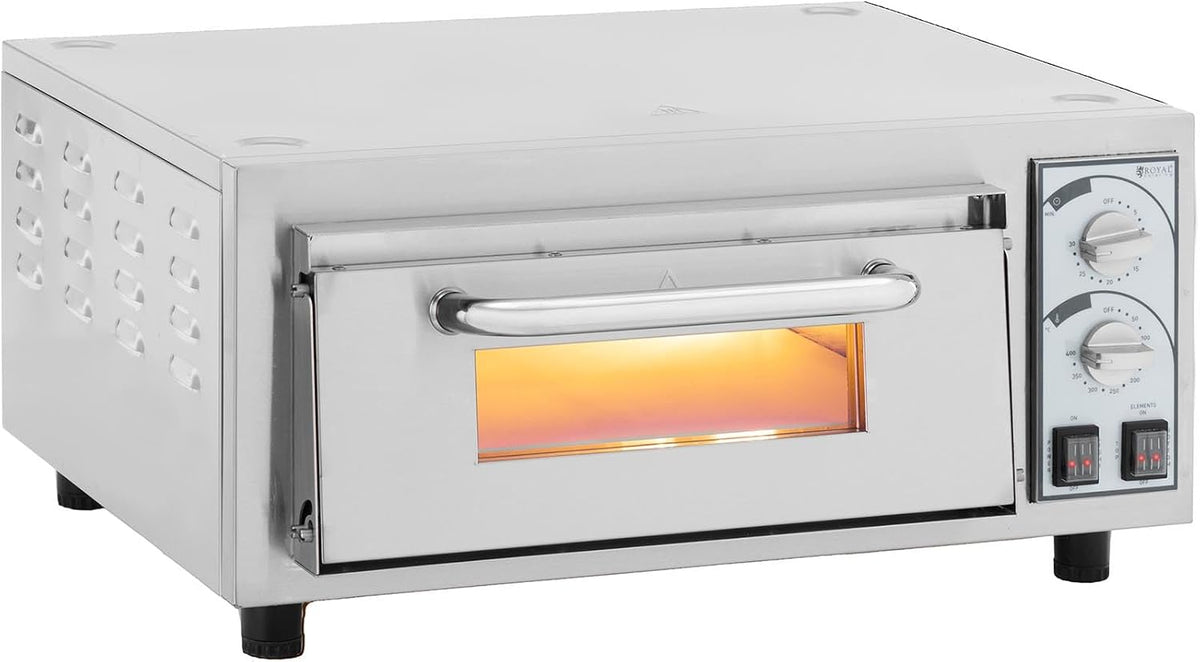 Royal Catering Pizzaofen, 2200 W, 35 cm, Edelstahl, Glas (gehärtet), Stein (feuerfest), Schwarz/Silber