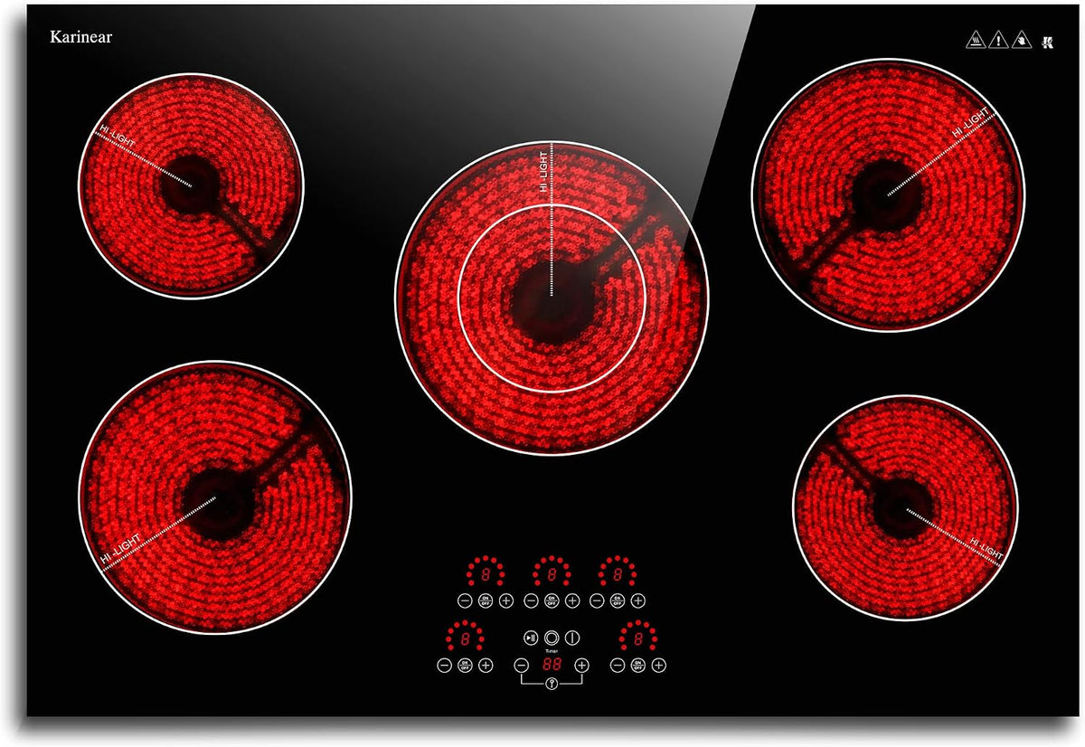 Karinear Kochfeld, 8700 W, 77CM, 240 V, Schwarz, Glaskeramik 5 Platten, 5 Herdplatten mit erweiterbarer Doppelzone
