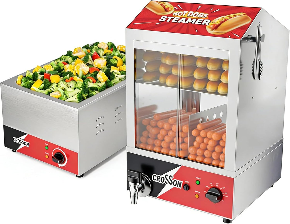 crosson Stövchen & Speisewärmer, 42 L, Schwarz, Hot Dog Dampfgarer, 175 Hot Dogs und 50 Brötchen, Gastronorm Bain Marie