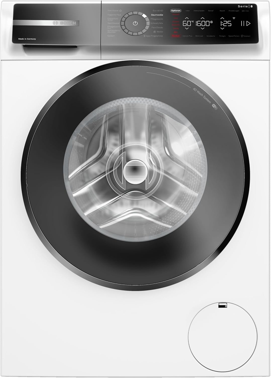 Bosch Waschmaschine, 10 kg, Weiß, Serie 8 Smarte 1600 UpM Dampf WGB256041, Made in Germany, automatische Beladungserkennung für Wasserregulierung