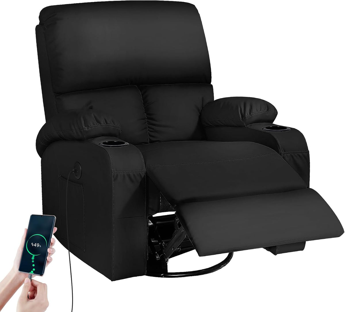 Moonlight Manor Schaukelstuhl, Schwarz, mit Relaxfunktion, Massagesessel mit Vibration und Wärme, USB- und Type-C-Anschlüsse