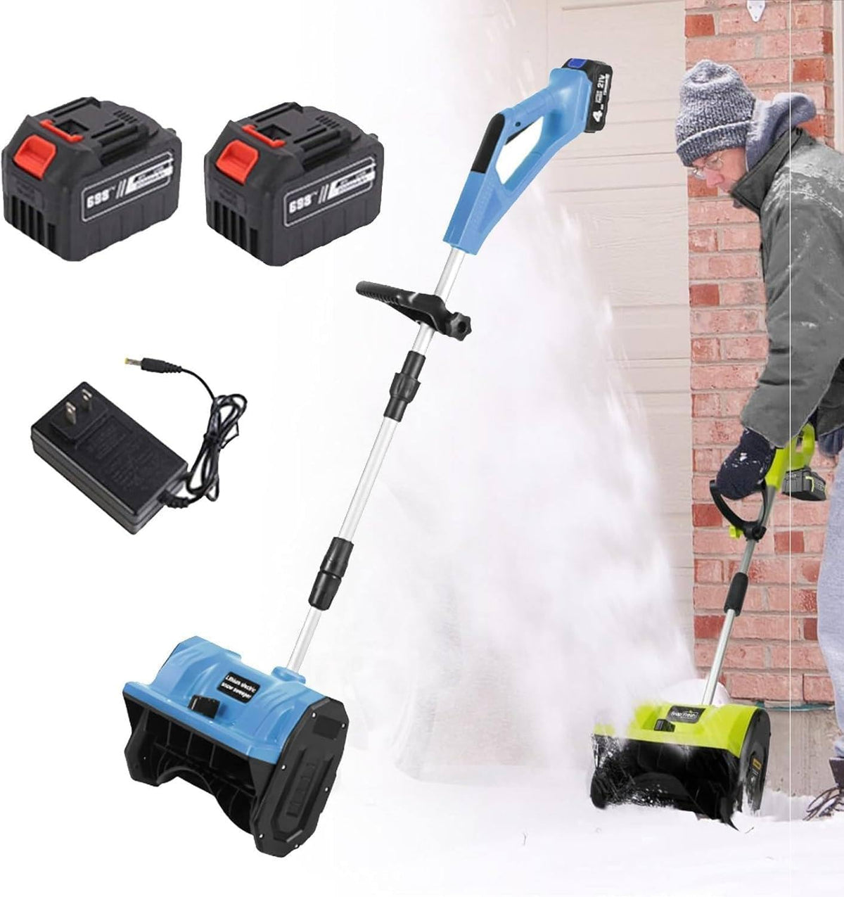 ZXINXIN Schneefräse, Blau, 20-V-Schneeschaufel, kabellos, 11-Zoll-Elektro- n-Set, mit 2 4, 0-Ah-Akkus und Schnellladegerät