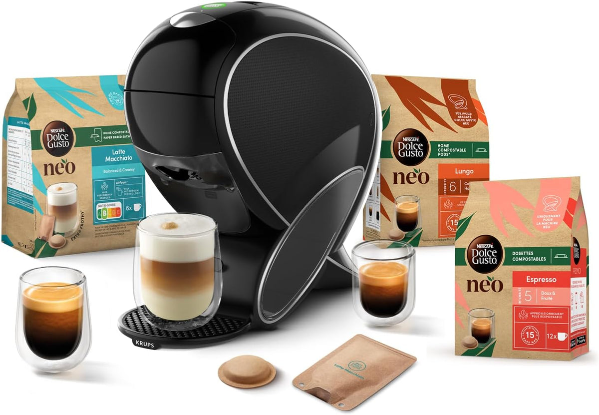 Dolce Gusto NEO Kaffeemaschine, Schwarz/Silber, Coffee Machine by Krups + 3 Dosen kompostierbare Kaffeepads, Lungo